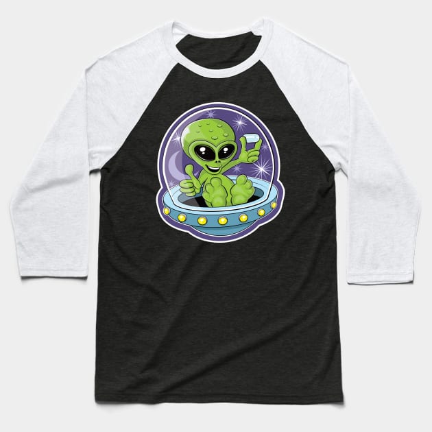 Illustration of a cute alien holding candy in a flying saucer Baseball T-Shirt by RobiMerch